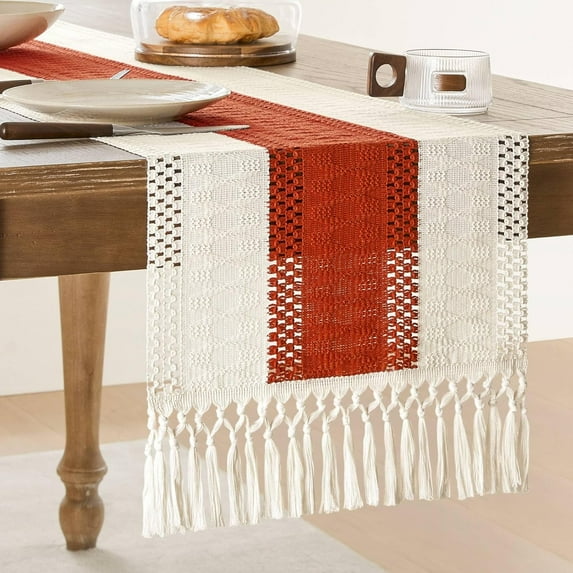 Boho Style Bicolor Stitching Table Runner, Boho Table Runners, Farmhouse Woven Home Decor