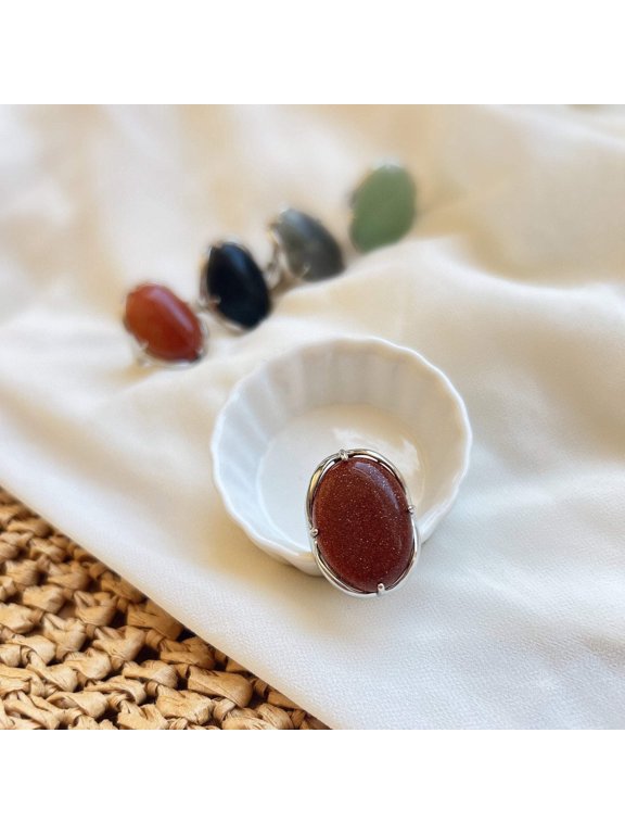 Boho Style Big Natural Stone Ring, Large Oval Gemstone Ring, Green Aventurine, Goldstone, Black Carnelian, Labradorite, Jasper