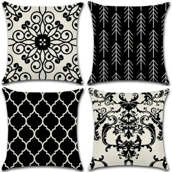 Boho Style Black & White Pattern Design Cotton Linen Fabric Decorative Indoor / Outdoor Throw Pillow Cover Set of Pillow Covers 18x18