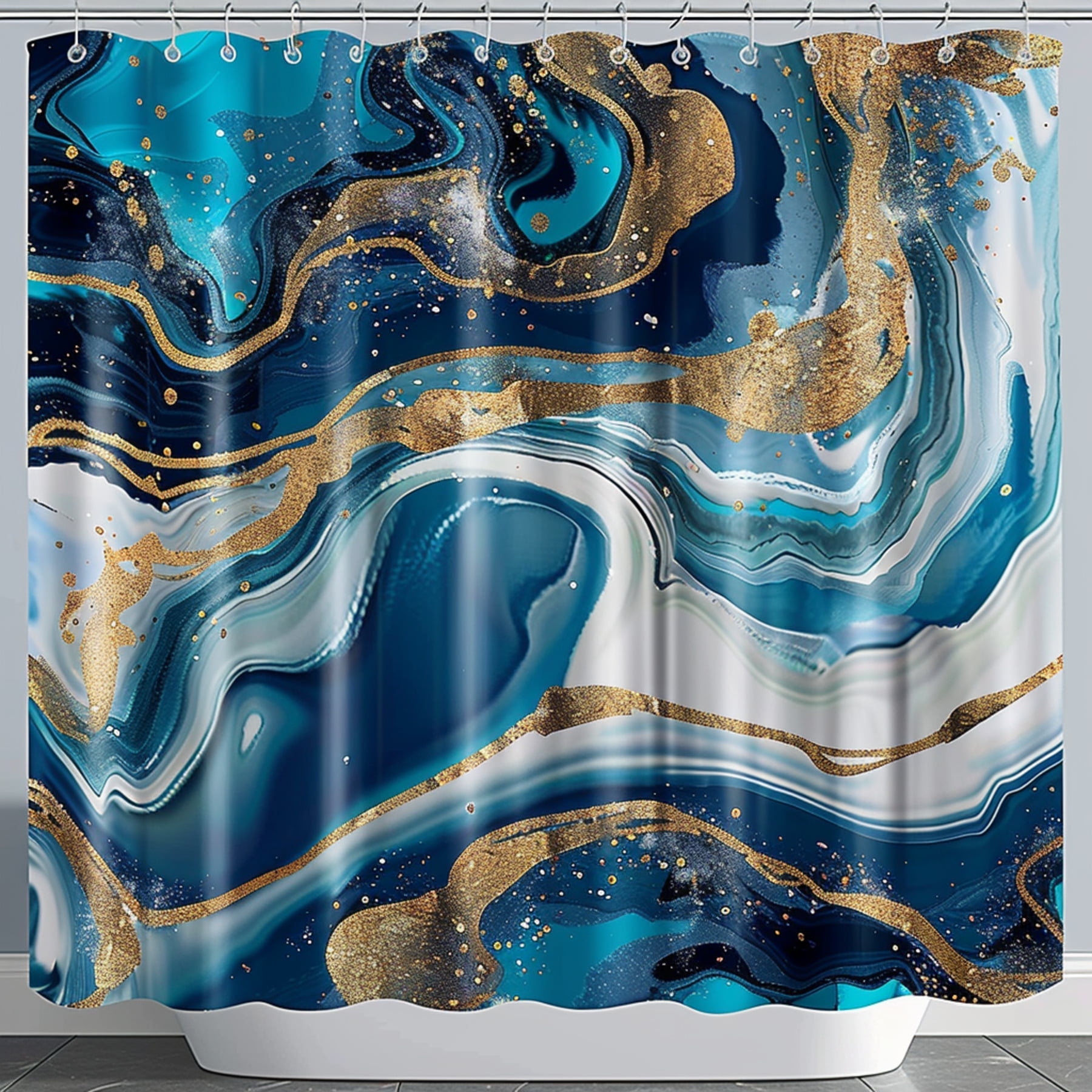 Boho Style Blue Marble Print Shower Curtain with Golden Glitter Accents Bathroom Decor
