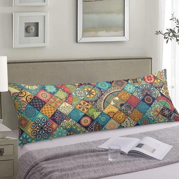 Boho Style Body Pillow Cover, 20"x54", Polyester, Floral Pattern, Decorative Pillowcase with Zipper, Bohemian Themed