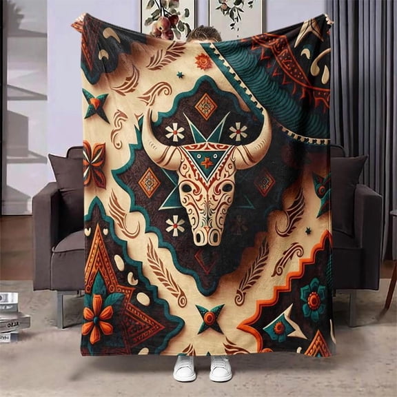 Boho Style Bull Head Pattern Blanket, 1 Count Soft Throw Blanket, Air-conditioned Room Blanket, Warm Nap Blanket for Home Office Travel Camping