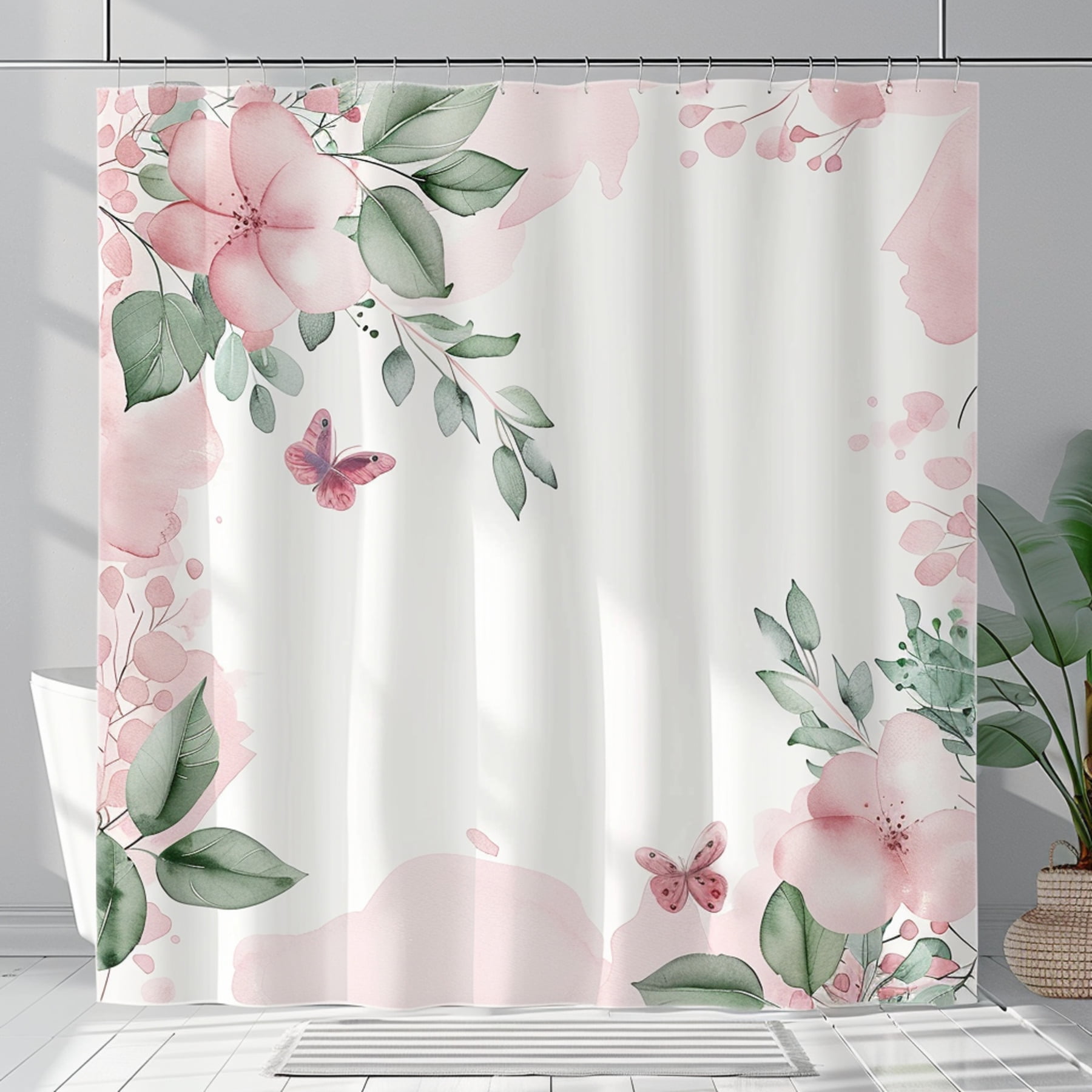 Boho Style Butterfly and Pink Floral Bathroom Decor Set with Soft