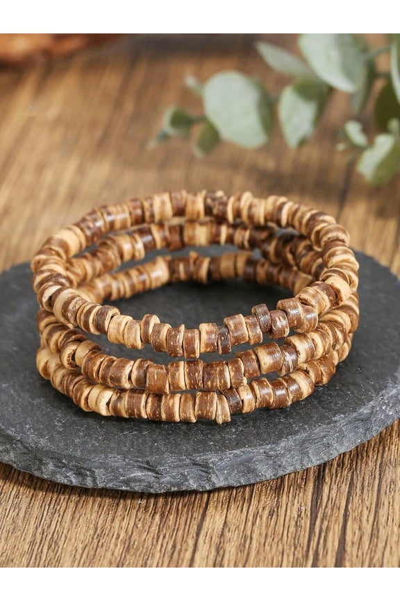 Boho Style Coconut Shell Beaded Wrap Bracelet Set Multicolor 3pcs