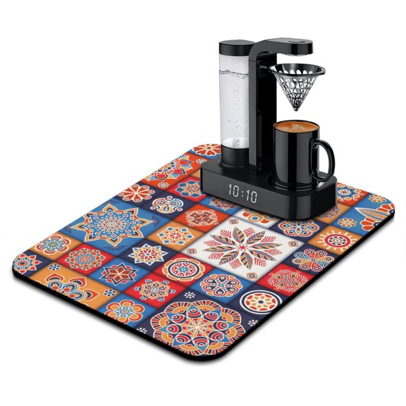 Boho Style Coffee Mat - Colorful Hippie Exotic Patterns, 4-Layer Absorbent Non-Slip Drying Mat for Coffee Station
