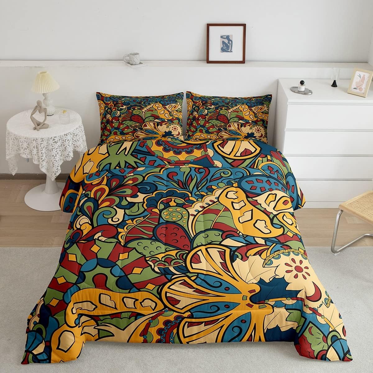 Boho Style Comforter Set Ethnic Design Gold Blue Bedding Farmhouse