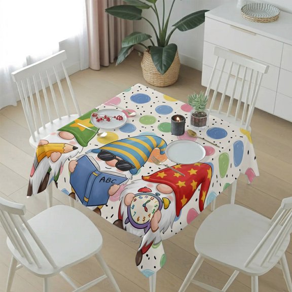 Boho Style Cute Gnomes Table Cloth 54x54in, Waterproof Square Tablecloth Wipeable Tablecloths Colorful Dots Retro Background Table Covers for Dining Tables Party Indoor Outdoor