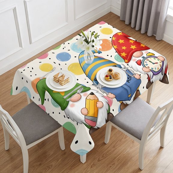 Boho Style Cute Gnomes Table Cloth 60x84in, Waterproof Rectangle Tablecloth Wipeable Tablecloths Colorful Dots Retro Background Table Covers for Dining Tables Party Indoor Outdoor