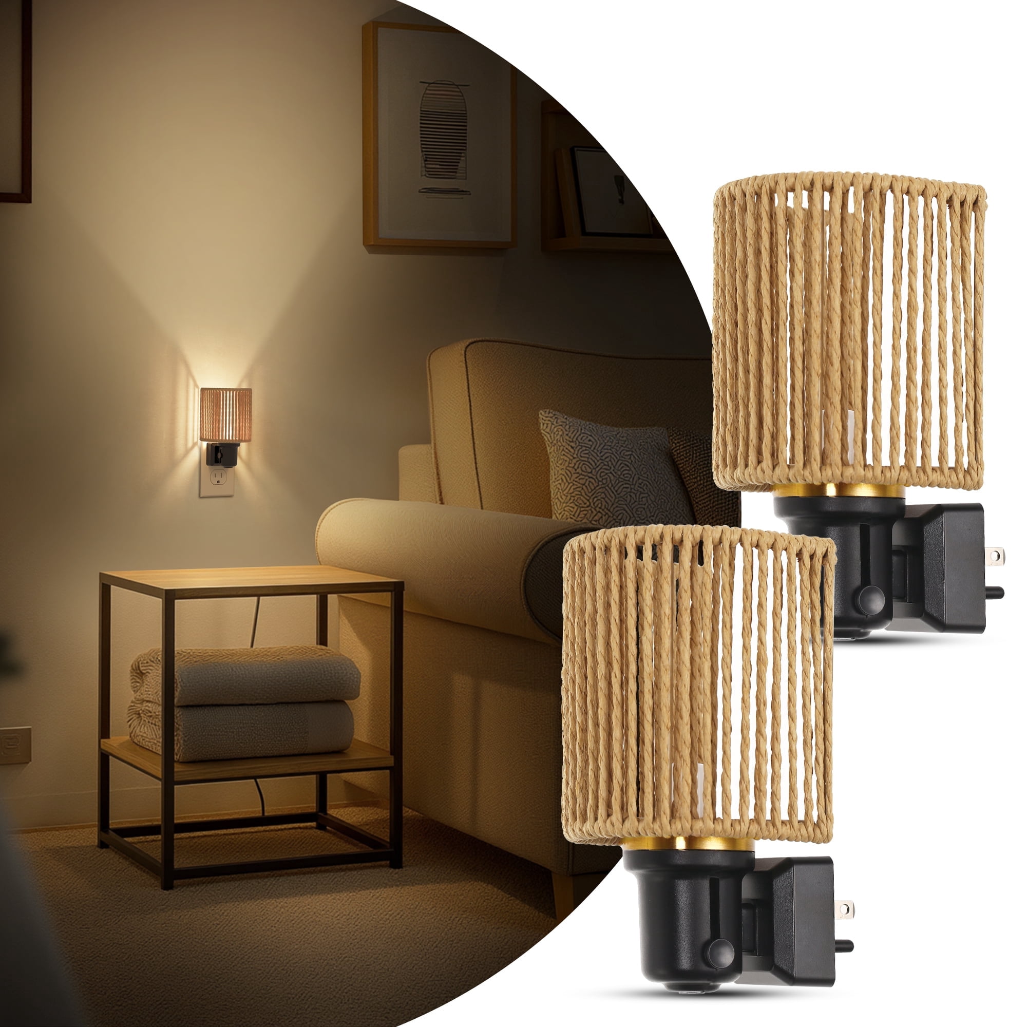 YANSUN 1 Pack Boho Plug in Night Light, Vintage Rattan Dimmable 3000K Decorative Nightlight with Light Sensor and Metal Ring for Bedroom Bathroom