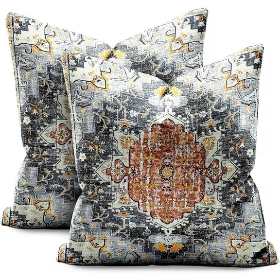 Boho Style with Floral Pillow Cover Bohemian Gray Orange Decorative Pillow Cases Linen Square Cushion Cover for Home Bedroom Livingroom Sofa Couch 18x18 Inch (Set of 2)