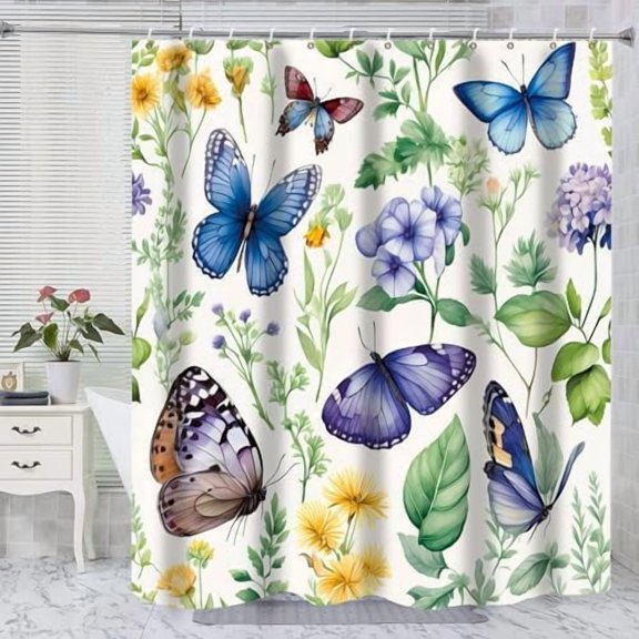Boho Style Floral Plant Butterfly Shower Curtains, Waterproof Unique Flower Girls Chic Print Design for Bathroom Decor (72 x72 Inch)