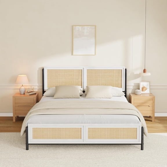 Boho Style Full Size Rattan Bed Frame with Natural Rattan Headboard & Footboard – Durable Wood & Metal Platform, Noise-Free, Easy Assembly, No Box Spring Needed, Antique White, F Size