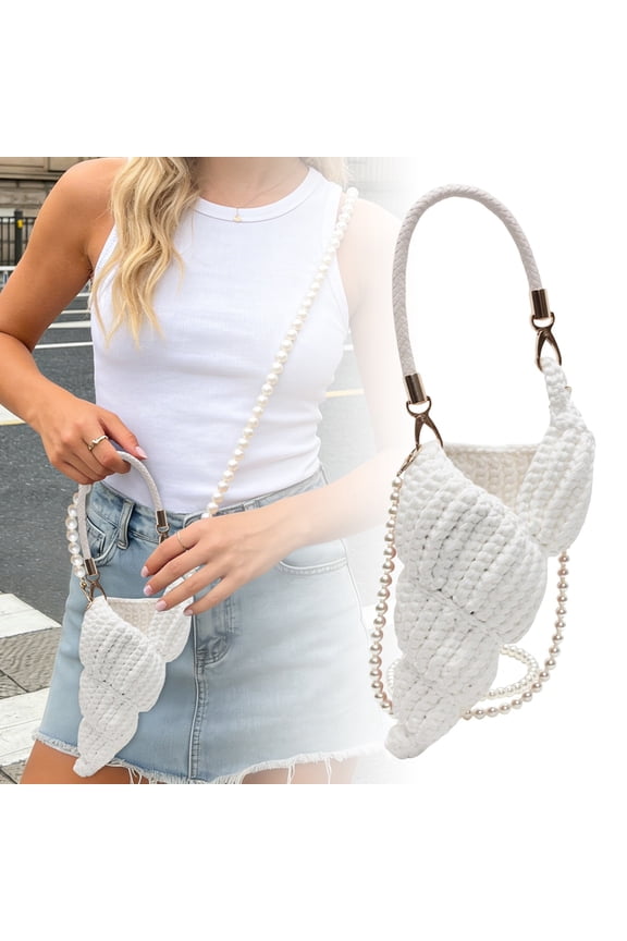 Boho Style Hand Knitted Conch Shaped Mini Handbag Detachable Pearl Chain Crossbody Strap Woven Seashell Small Purse for Daily Shopping Beach Vacation Women Fashion Bag