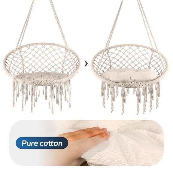 Boho Style Hanging Hammock Chair, 330 LBS Macrame Swing Chair with Cushion & Hardware Kit, Portable Cotton Rope for Indoor Outdoor Use, Beige