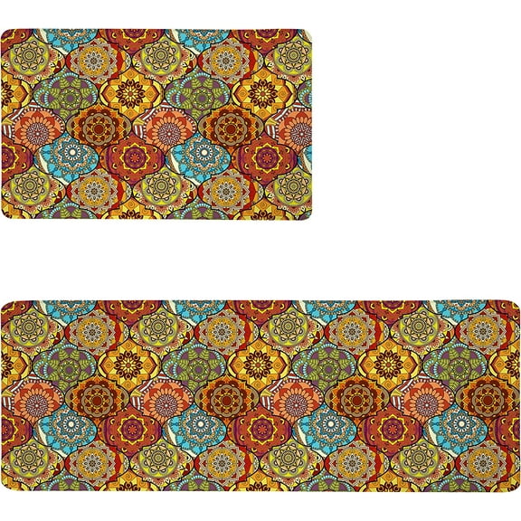 Boho Style Kitchen Rugs Kitchen Mat Set of 2, Retro Farmhouse Anti-Fatigue Floor Mat Heavy Duty Waterproof Comfort Standing Runner Rugs Bohemian Carpet 17.3"x28"+17.3"x47"