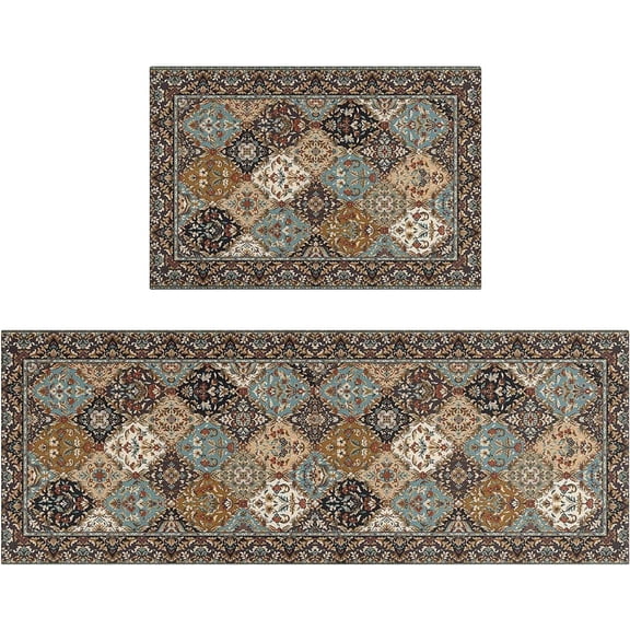 Boho Style Kitchen Rugs and Mats Set of 2 Farmhouse Rustic Kitchen Rugs Non Slip Super Absorbent Kitchen Mat for Sink Waterproof Runner Rug for Laundry Room 17"x 48"+17x24