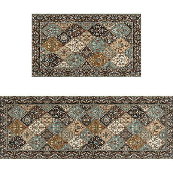 Boho Style Kitchen Rugs and Mats Set of 2 Farmhouse Rustic Kitchen Rugs Non Slip Super Absorbent Kitchen Mat for Sink Waterproof Runner Rug for Laundry Room 17"x 48"+17x30