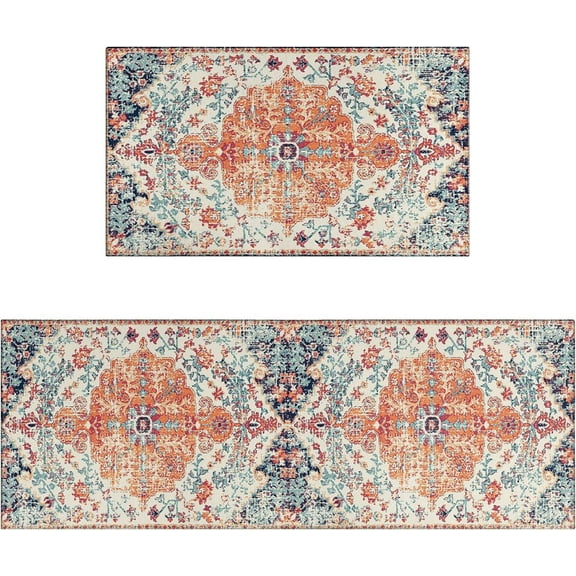 Boho Style Kitchen Rugs and mats Set of 2,Farmhouse Kitchen Mat for Sink,Non Slip Absorbent Stain Resistant Floor Mat for Kitchen Laundry Room Rug Area Runner Rug Orange