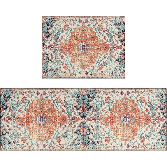 Boho Style Kitchen Rugs and mats Set of 2,Farmhouse Kitchen Mats for Sink,Non Slip Absorbent Stain Resistant Kitchen Laundry Area Rugs Runner 17 X48/17X24 Inch