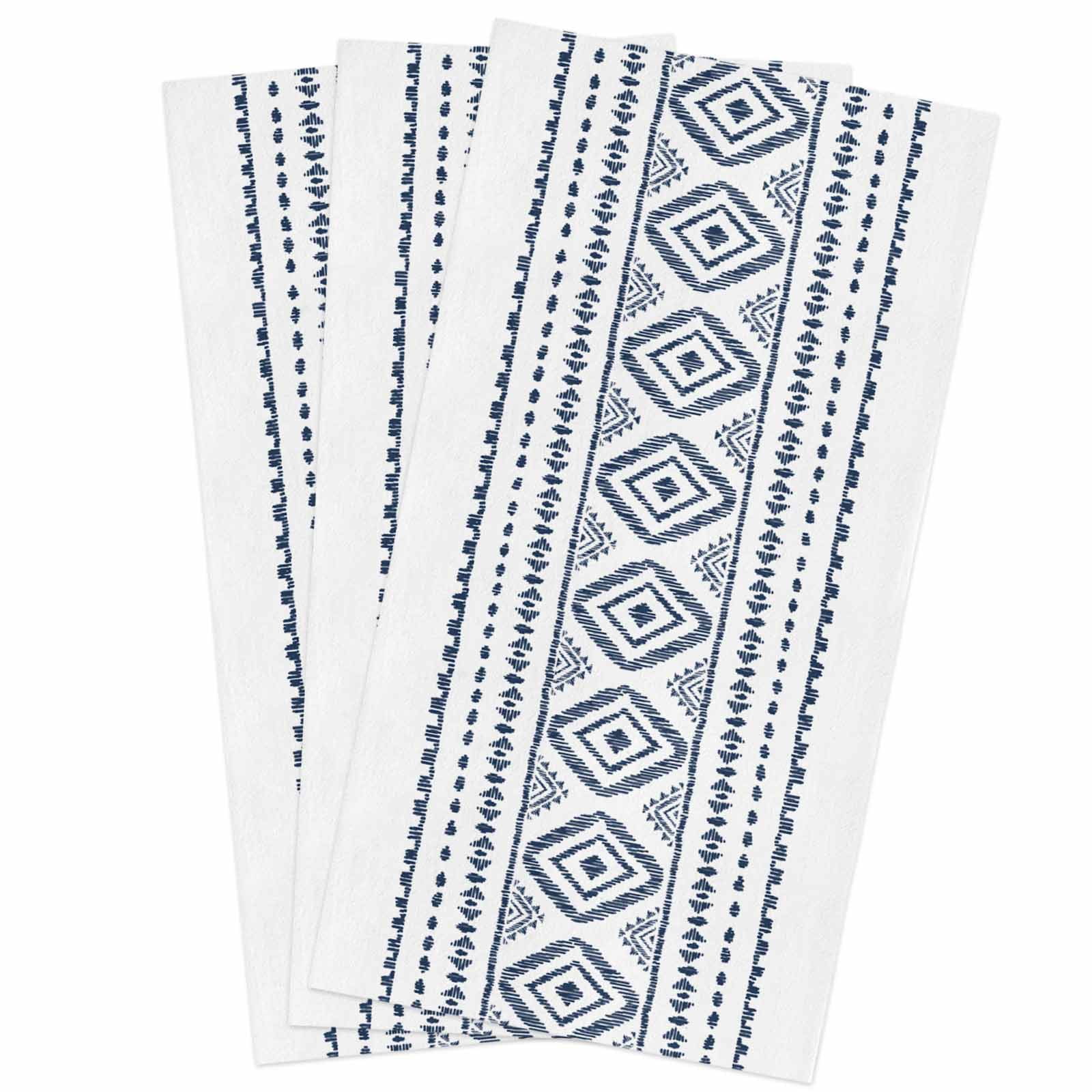 Boho Style Kitchen Towels Set of 3, Abstract Blue Aesthetics Art