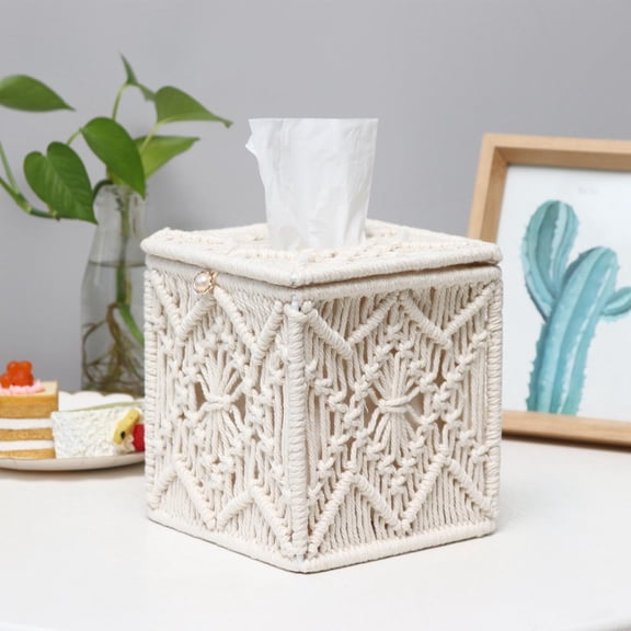 Boho Style Knitted Tissue Box Cover for Living Room Dresser ,White