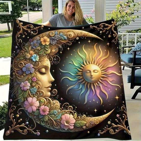 Boho Style Moon & Sun Print Throw Blanket: Soft Lightweight Flannel Fleece - Decorative Air-Conditioned Room Blanket for Warm Naps at Home, Office & Couch