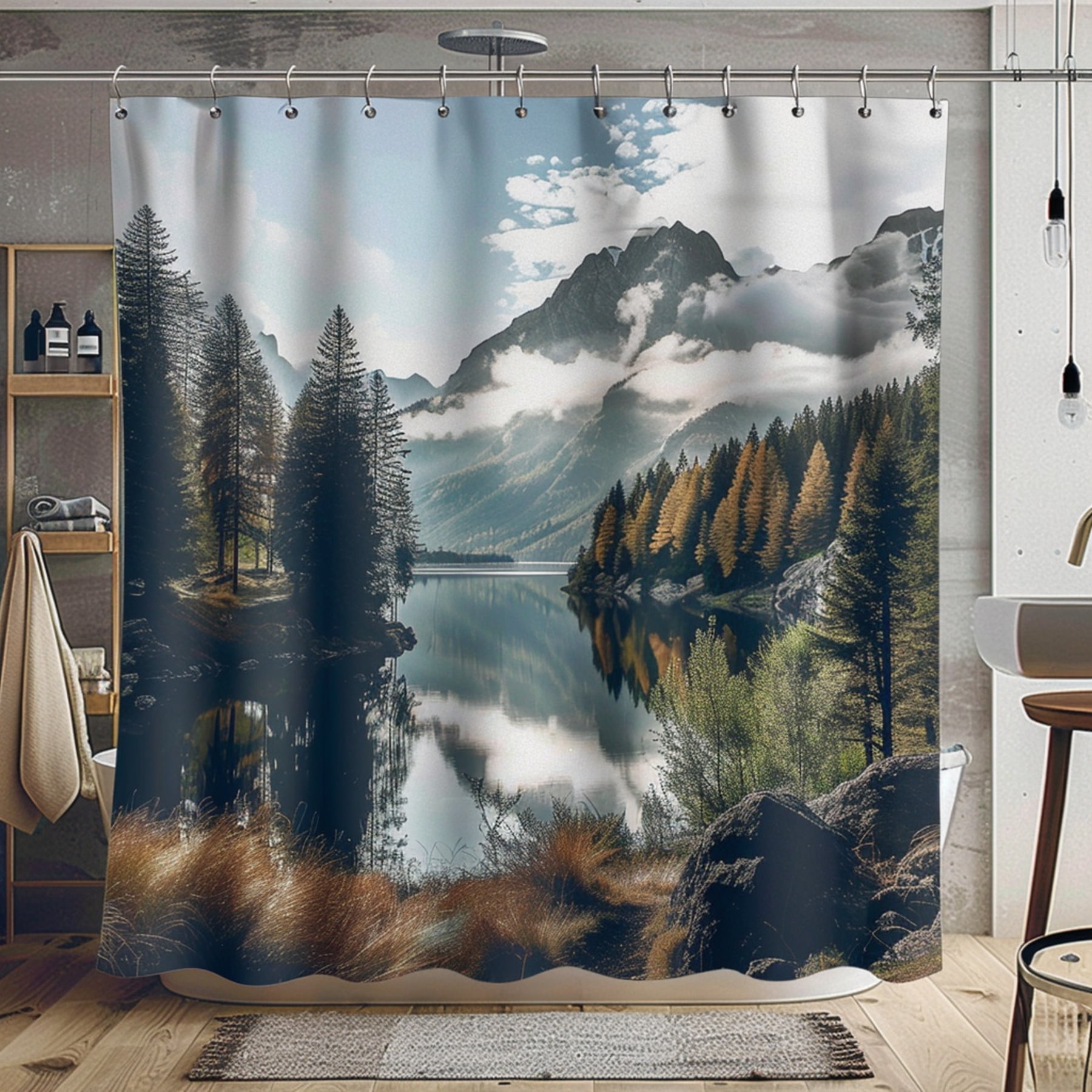 Boho Style Mountain Landscape Shower Curtain Nature Theme Bathroom