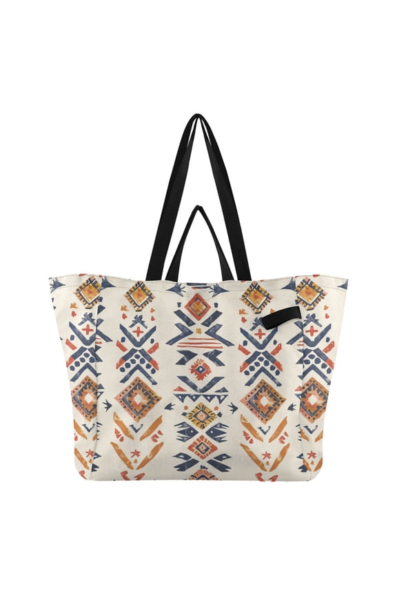 Boho Style Pattern Foldable Canvas Tote Bags Reusable Grocery Bags Laundry Bags Beach Bag 32L