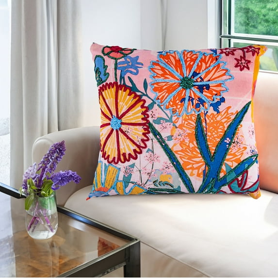 Boho Style Printed Cotton Embroidered Square Decorative Pillow