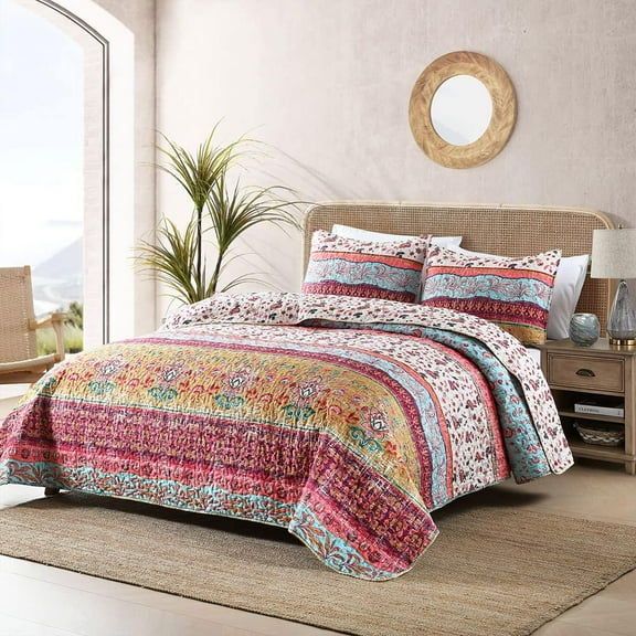 Boho Style Queen Quilt Set Reversible Bohemian Floral Strip Quilt Beddding Set, Soft and Lightweight Bedspread for All Season, Full Size Bed Coverlet with 2 Matching Pillow Shams (3 Pieces)