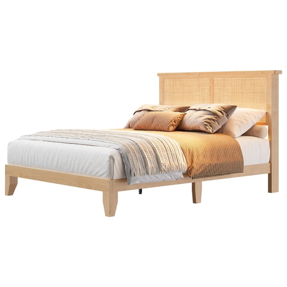 Boho Style Rattan Bed Frame with Natural Headboard – Full Size, RGB LED Lights, Noise-Free Wooden Platform, Spacious Storage, No Box Spring Needed – New structure RGB LED grass vine bed FULL