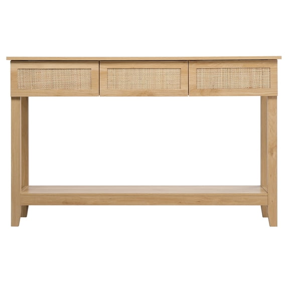 Rattan Console Table, Boho Entryway Sofa Table with 3 Drawers & Storage Shelf, Natural Wood
