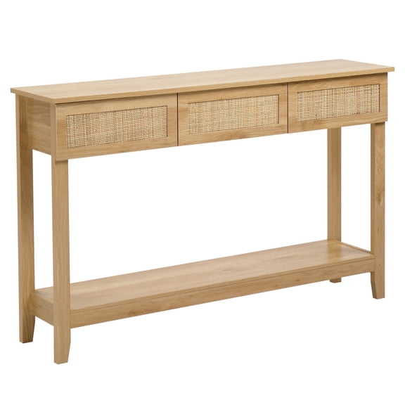 Boho Style Rattan Console Table, 51 Inch Narrow Entryway Table with 3 Drawers