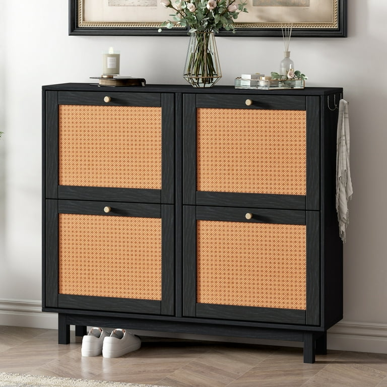 Boho Style Rattan Shoe Cabinet with Flip Drawers,Modern 2-Tier