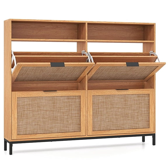 Boho Style Shoe Cabinet Cabinet with 4 Flip Drawers & Open Shelves, Freestanding Shoe Organizer for Entryway