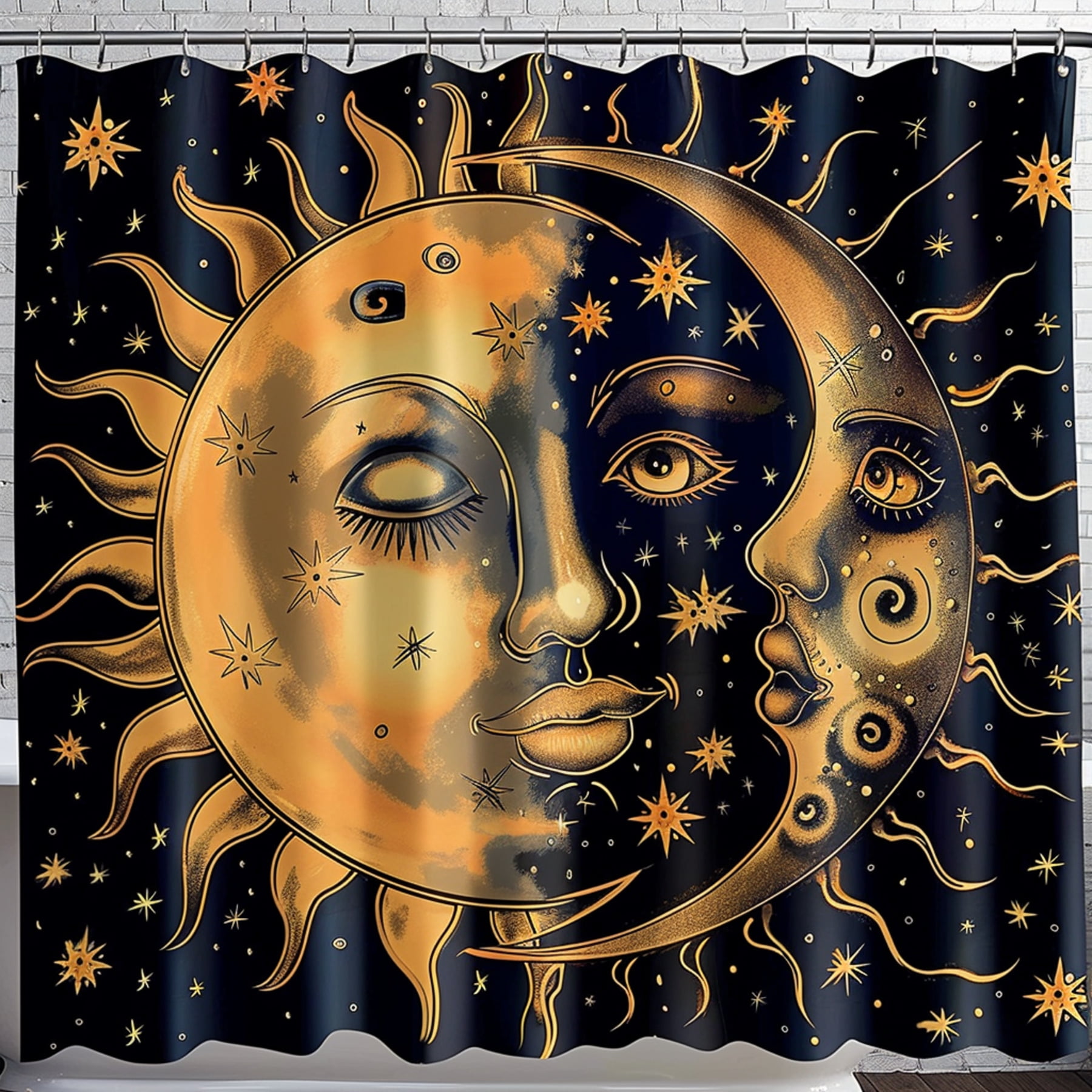 Boho Style Sun and Moon Shower Curtain Set Dark Colors Hyper Realistic