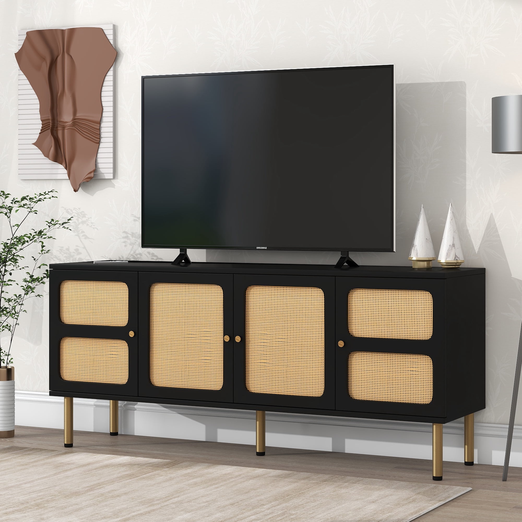 Boho Style TV Stand with Rattan Door, Woven Media Console Table, Black ...