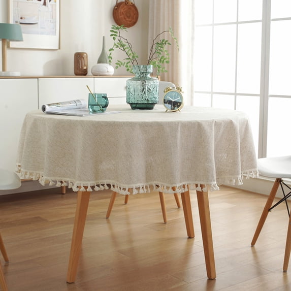 Boho Style Tablecloth, Elegant Design Tassels Decoration For Indoor Outdoor Use, Wrinkle-Free Machine Washable 60 Inch Round Table Cover In Ecological Flax, Vintage Style Patio