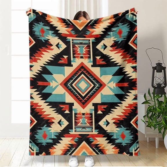 Boho Style Throw Blanket, Southwestern Aztec Patterned Blanket, Soft Cozy Plush Flannel Blanket, Warm Nap Blanket for Home & Office