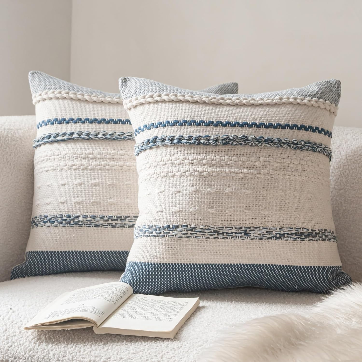 Boho Style Throw Pillow Covers Set of 2 18x18 Inch Textured Blue Couch Accent Cushion Covers