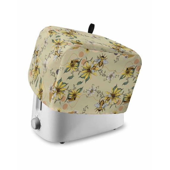 Boho Style Toaster Cover 4 Slice, Yellow White Flowers Bee Leaves Bread Maker Cover Toaster Dust Cover with Pockets, Dust-Proof Cover for Kitchen Small Appliance 12x11x8in