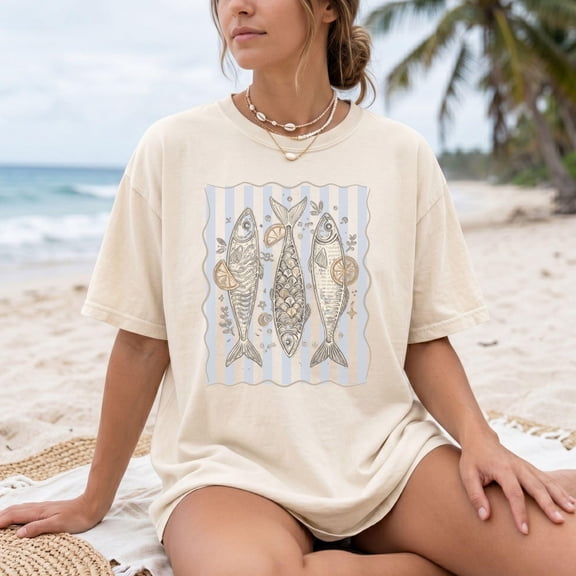 Boho Style Tops Sardines Tshirt for Coastal Granddaughter Y2k Design Foodie Gift Vintage Fish Shirt Plus Sizing Bohemian Tee