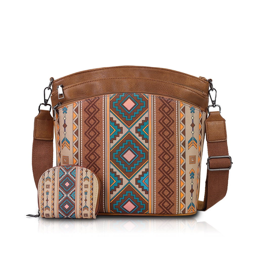 Boho Style Tote Bag For Women Water-Resistant Retro Canvas Shoulder Purses And Handbags With Clutch Purse