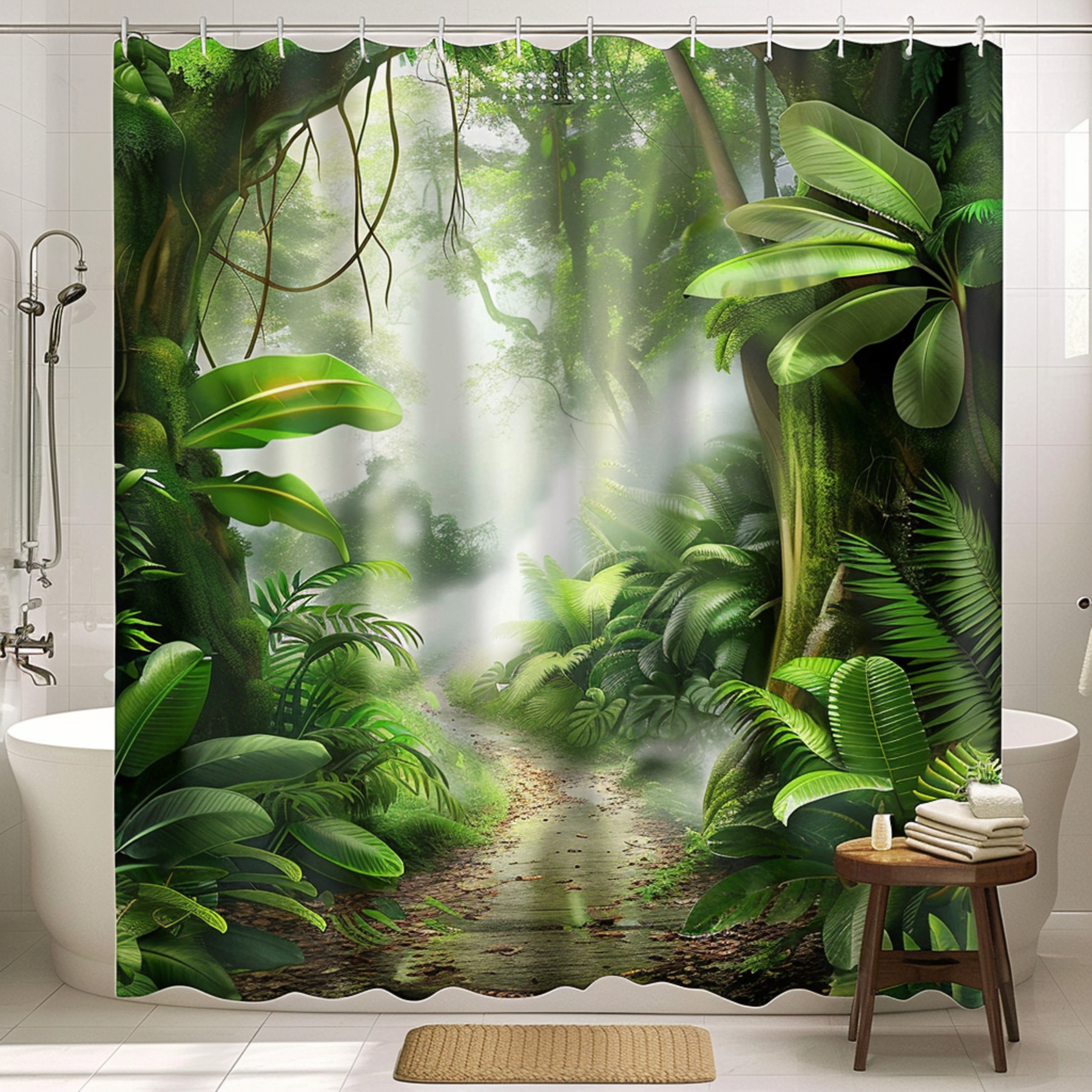 Boho Style Tropical Rainforest Bathroom Decor with Green Leaves White