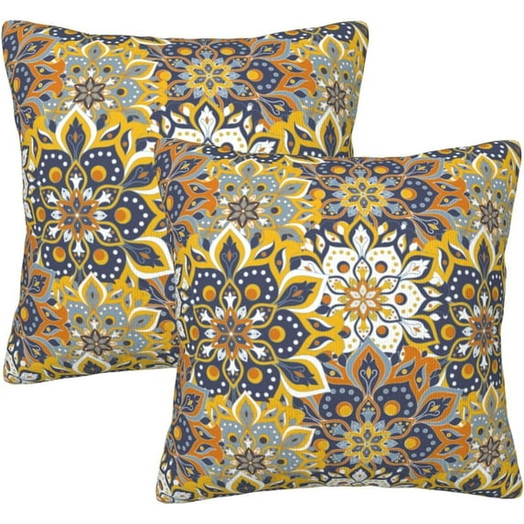 Boho Style Vintage Mandala Yellow Flowers Throw Pillow Covers 18X18 Inch Set of 2 Home Decor for Bedroom Bed Couch Sofa Pillow Covers