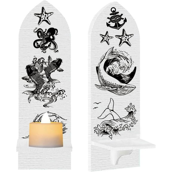 Boho Style Wall Mounted Wood Candle Holder Stand Detachable Pillar Candle Sconce Floating Shelf Sea Animals Bullet Shape: 36x10x0.7cm