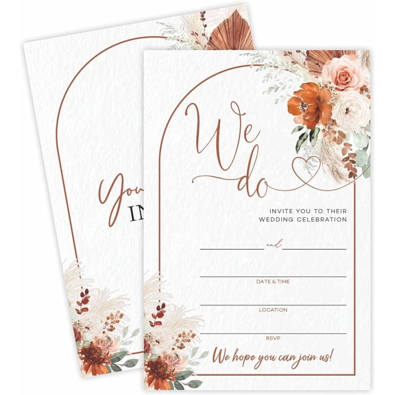 Boho Style Wedding Invitations, Floral Arch Double Sided Engagement Party Invitation Cards, 25 blank Fill-in Style Wedding invitation set with envelopes, Bridal Party Decorations and Supplies - A01