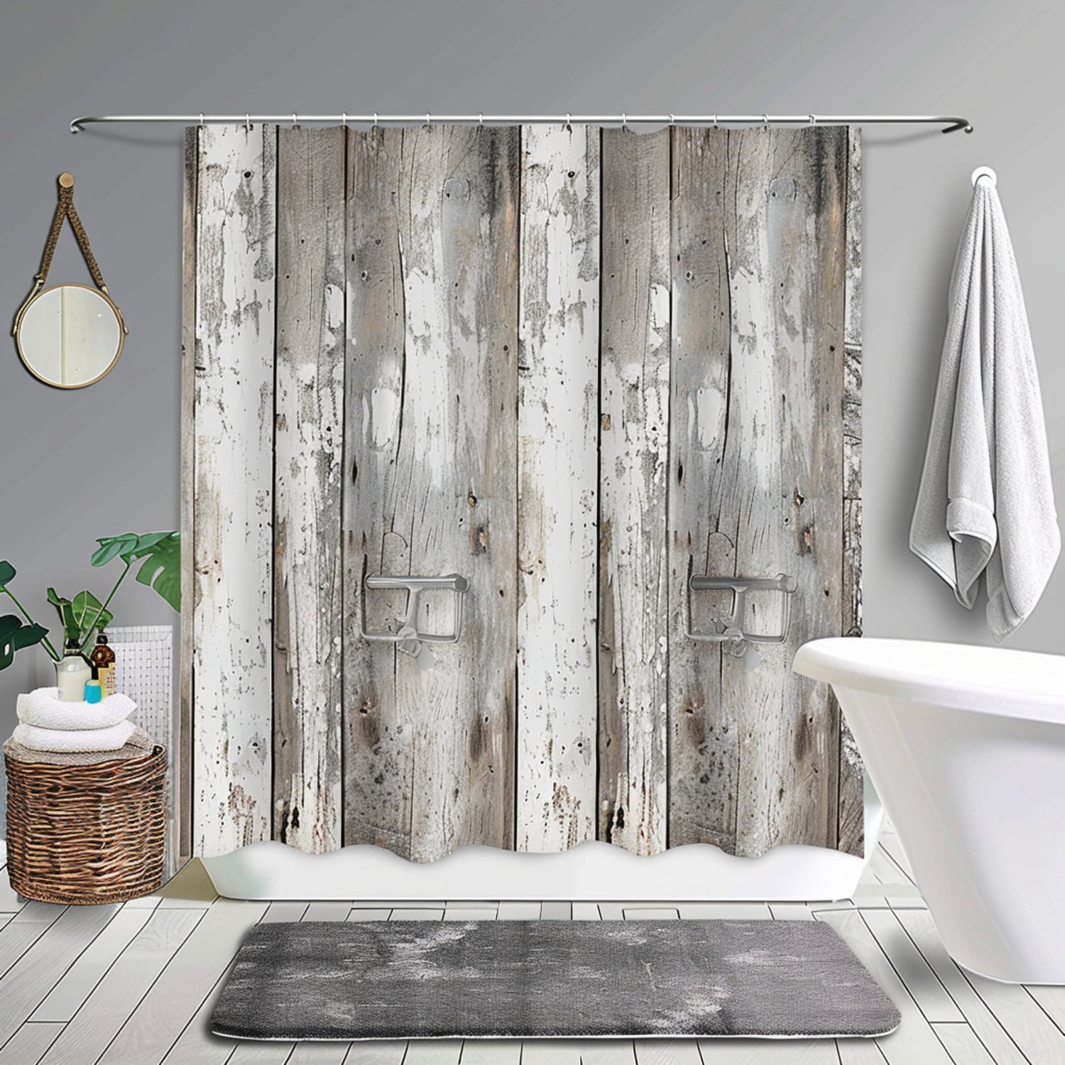 Boho Style White Wood Bathroom Curtain Set with Nonslip Grey Vintage
