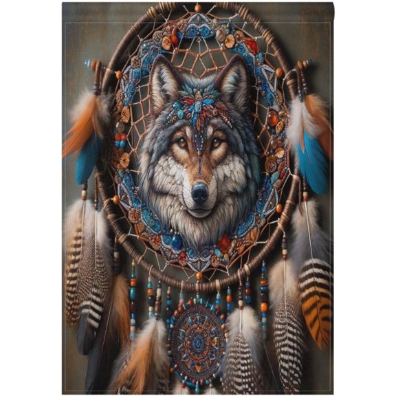 Boho Style Wolf Dream Catcher Garden Flag, Double Sided Weatherproof Outdoor Yard Banner, Rustic Farmhouse Landscape Decor, 12 x 18 Inch