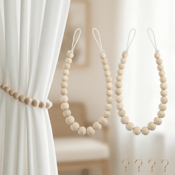Boho Style Wood Bead Curtain Tie Backs, 2-Pack Farmhouse Curtain Holdbacks with Hooks for Drapes, Rustic Home and Office Window Decor (Natural Wood Color)